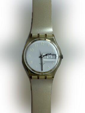 Vintage 1999 Swatch Snowcovered Day Date Watch GK733 — Frosted Clear